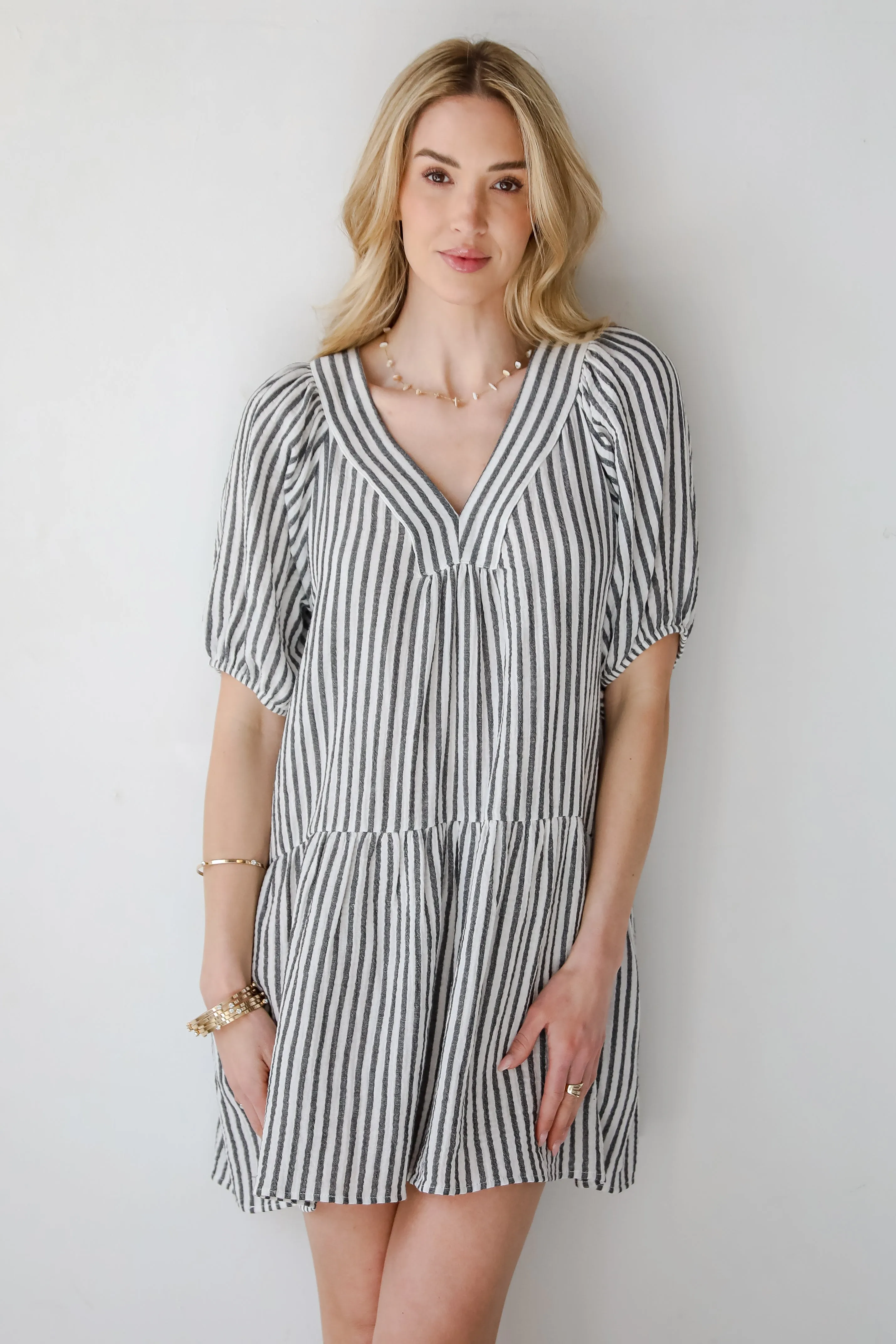 Covetable Vibe Charcoal Striped Linen Mini Dress