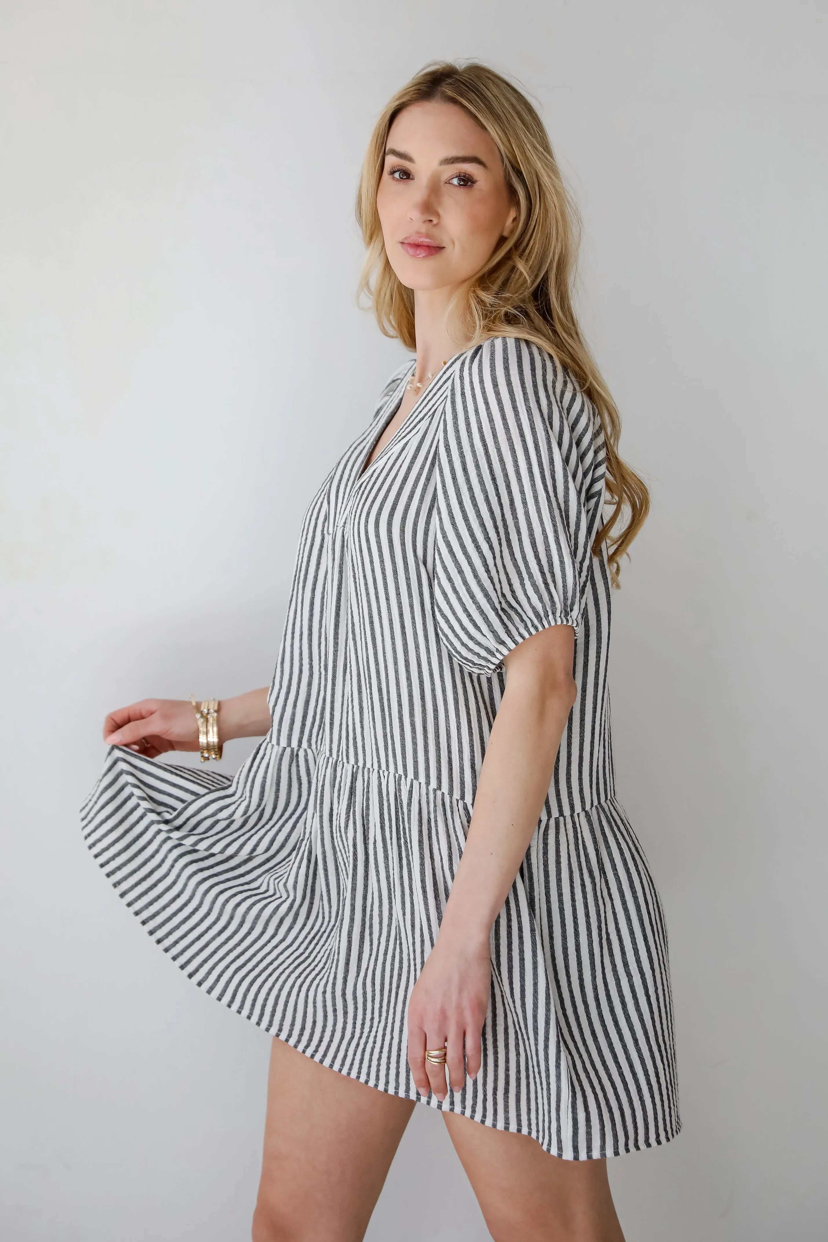 Covetable Vibe Charcoal Striped Linen Mini Dress