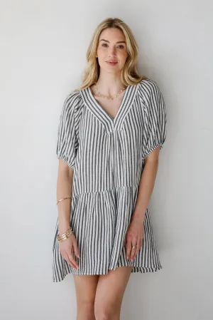Covetable Vibe Charcoal Striped Linen Mini Dress