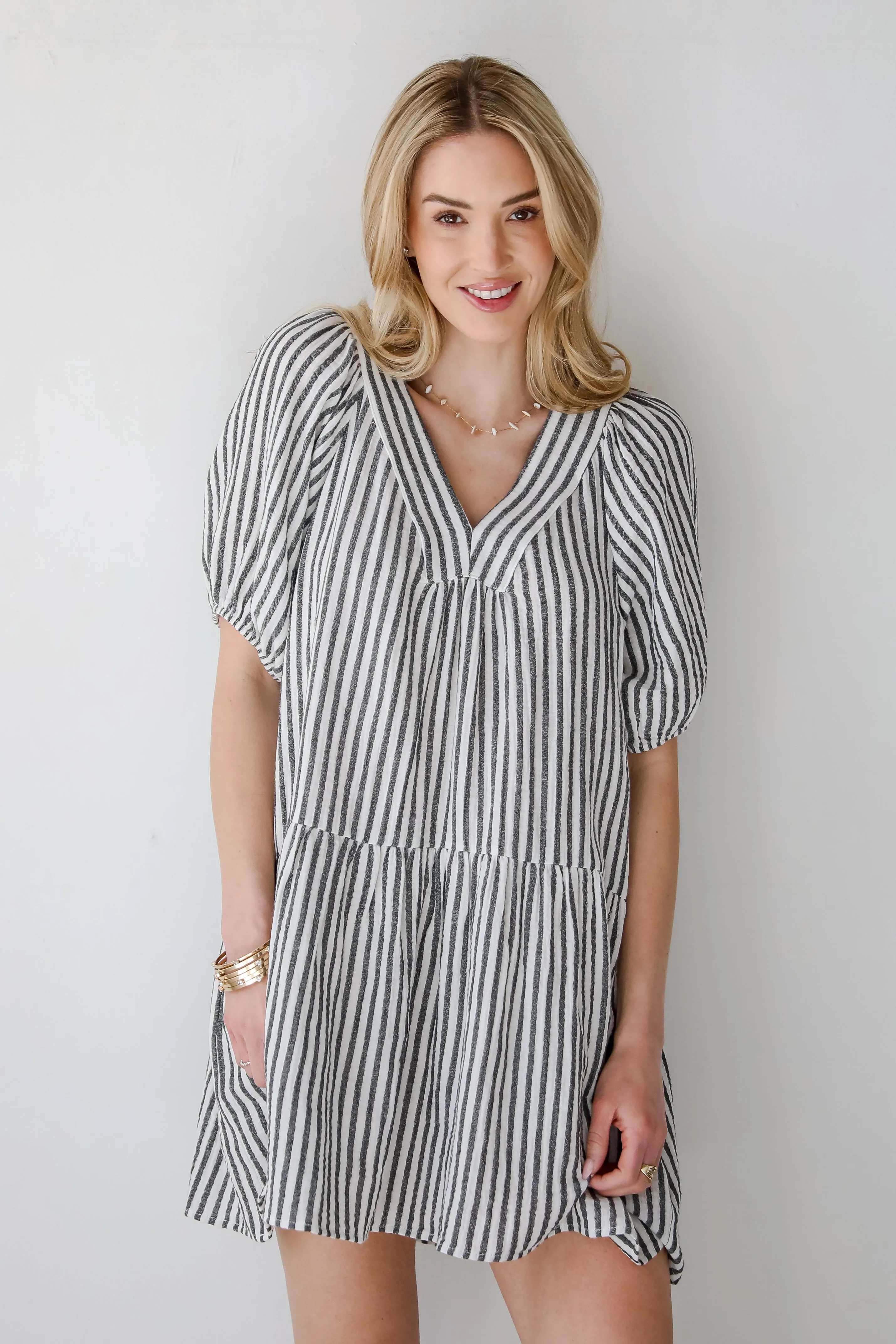 Covetable Vibe Charcoal Striped Linen Mini Dress