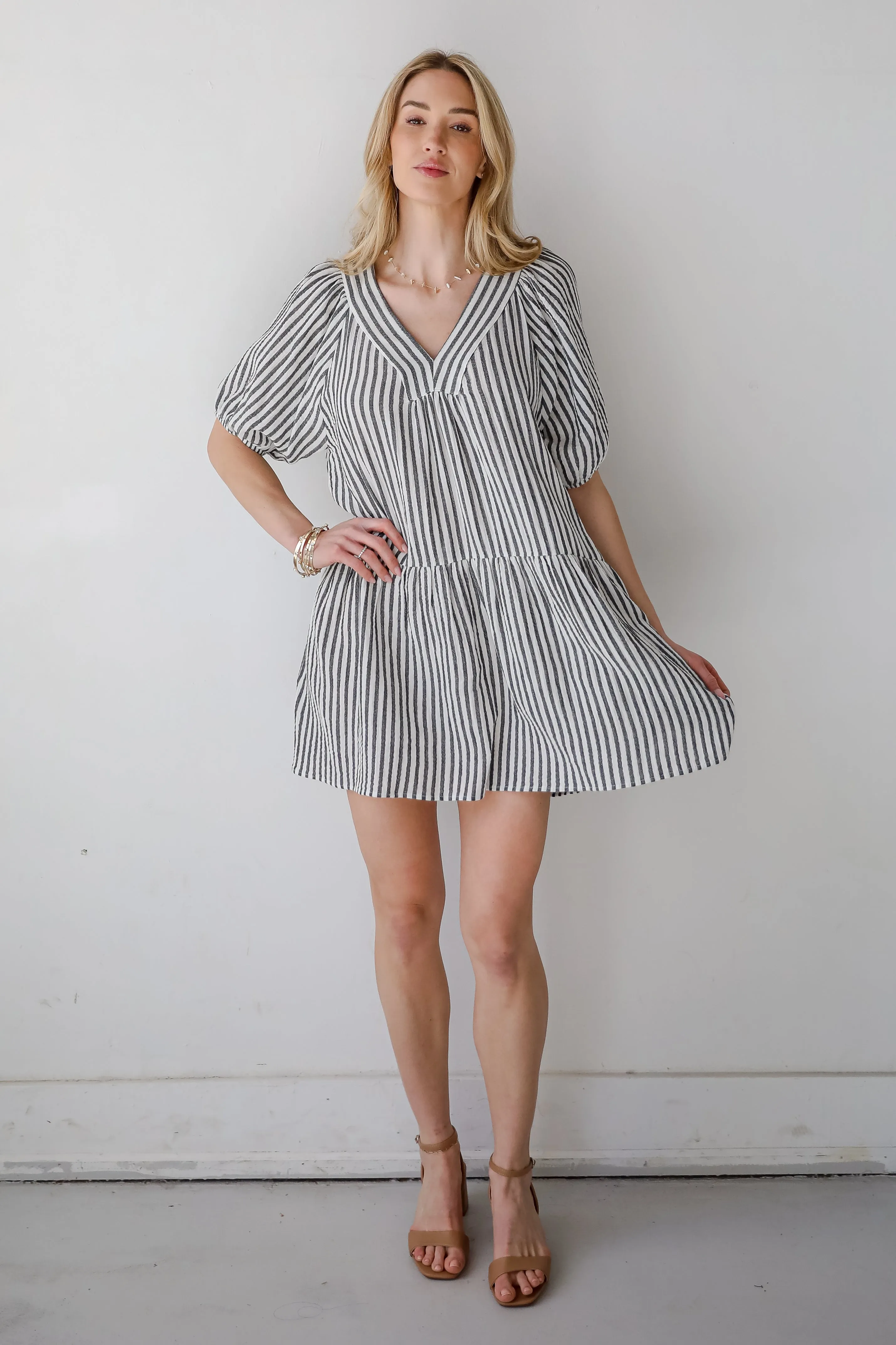 Covetable Vibe Charcoal Striped Linen Mini Dress