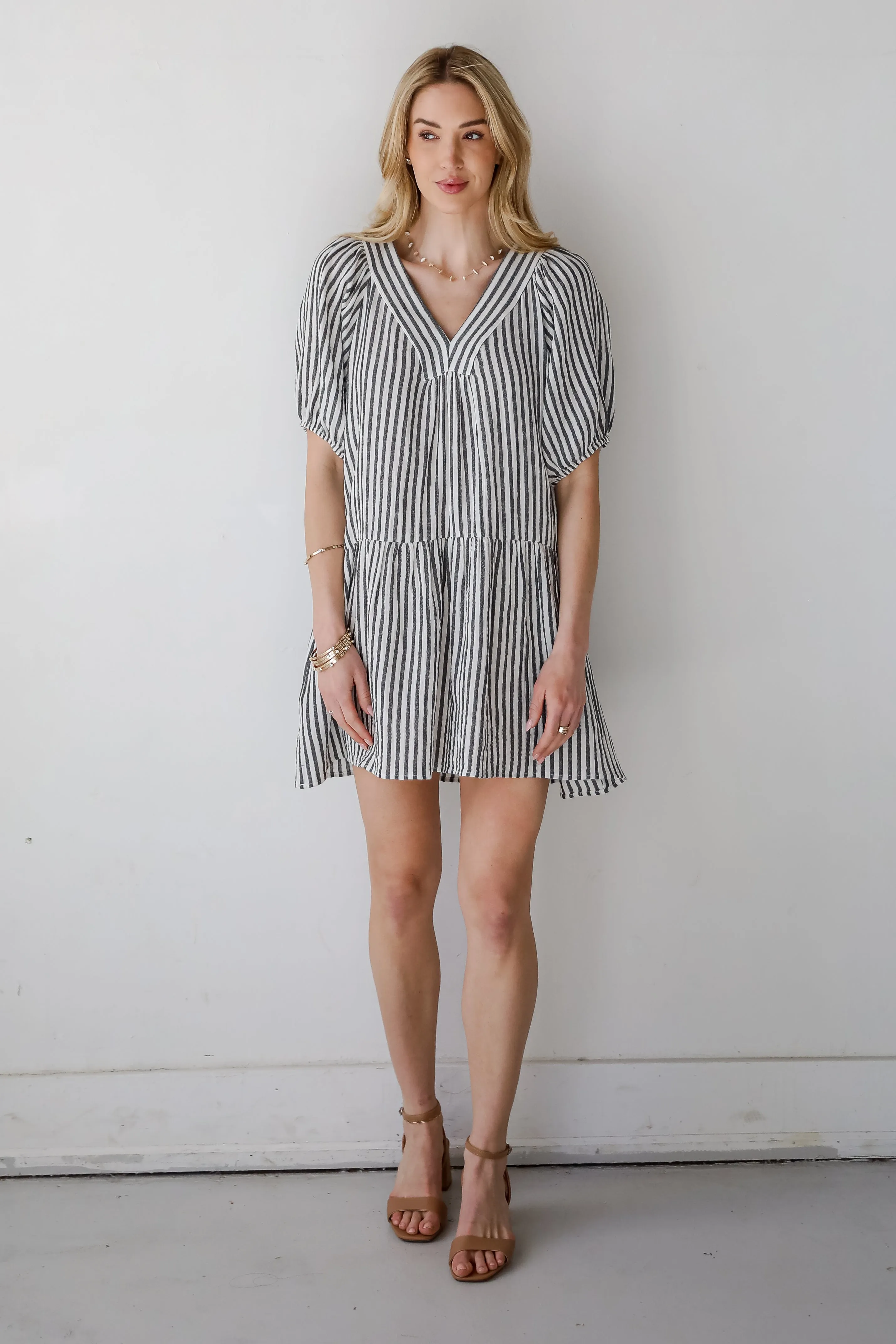 Covetable Vibe Charcoal Striped Linen Mini Dress