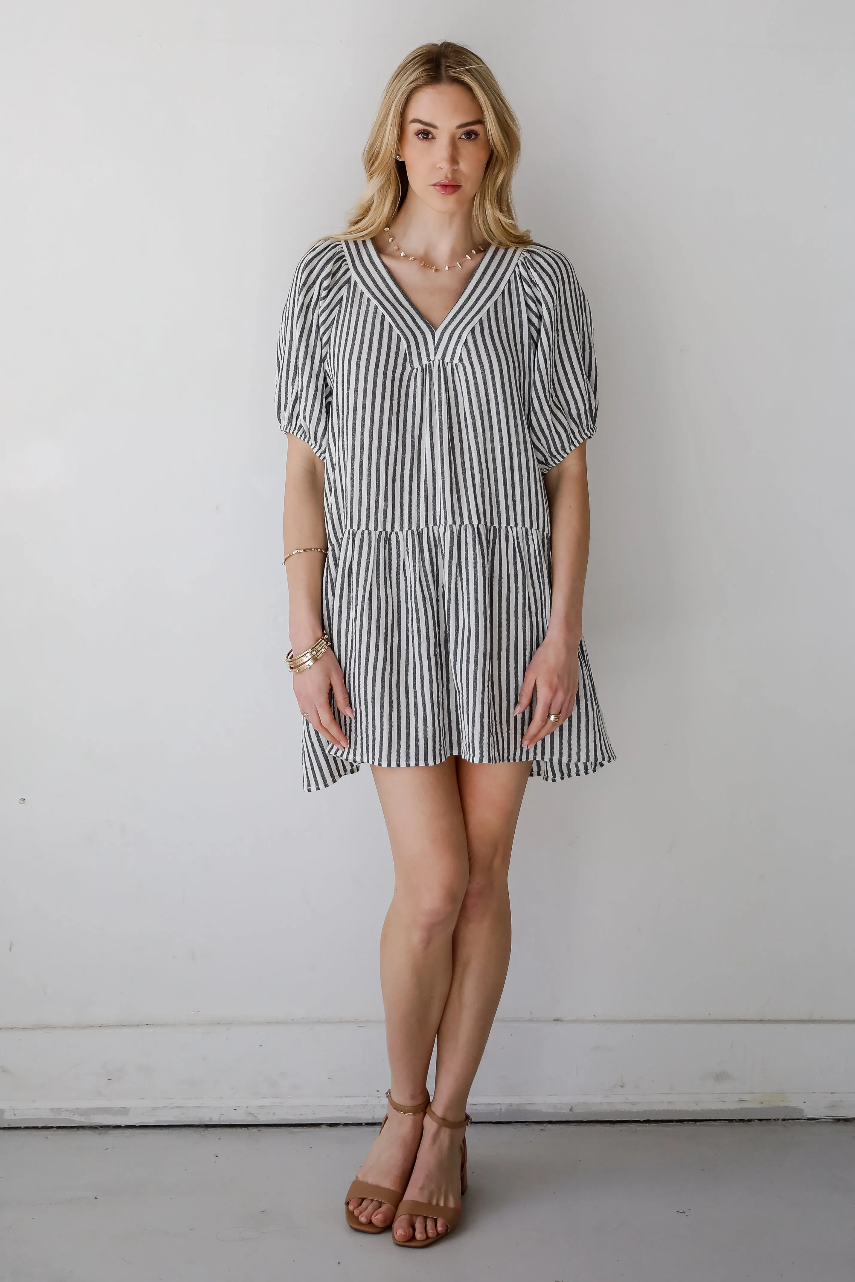 Covetable Vibe Charcoal Striped Linen Mini Dress
