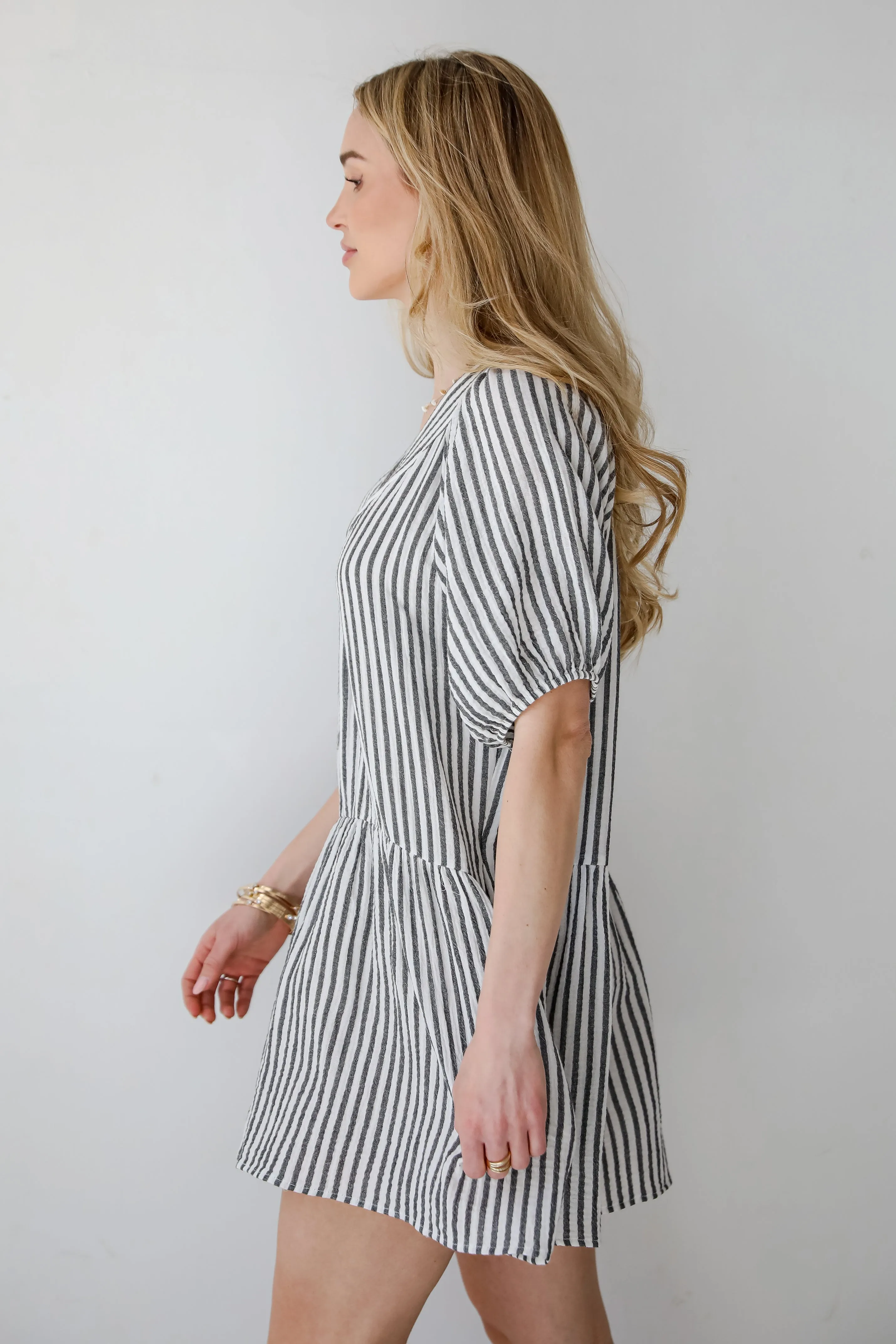 Covetable Vibe Charcoal Striped Linen Mini Dress