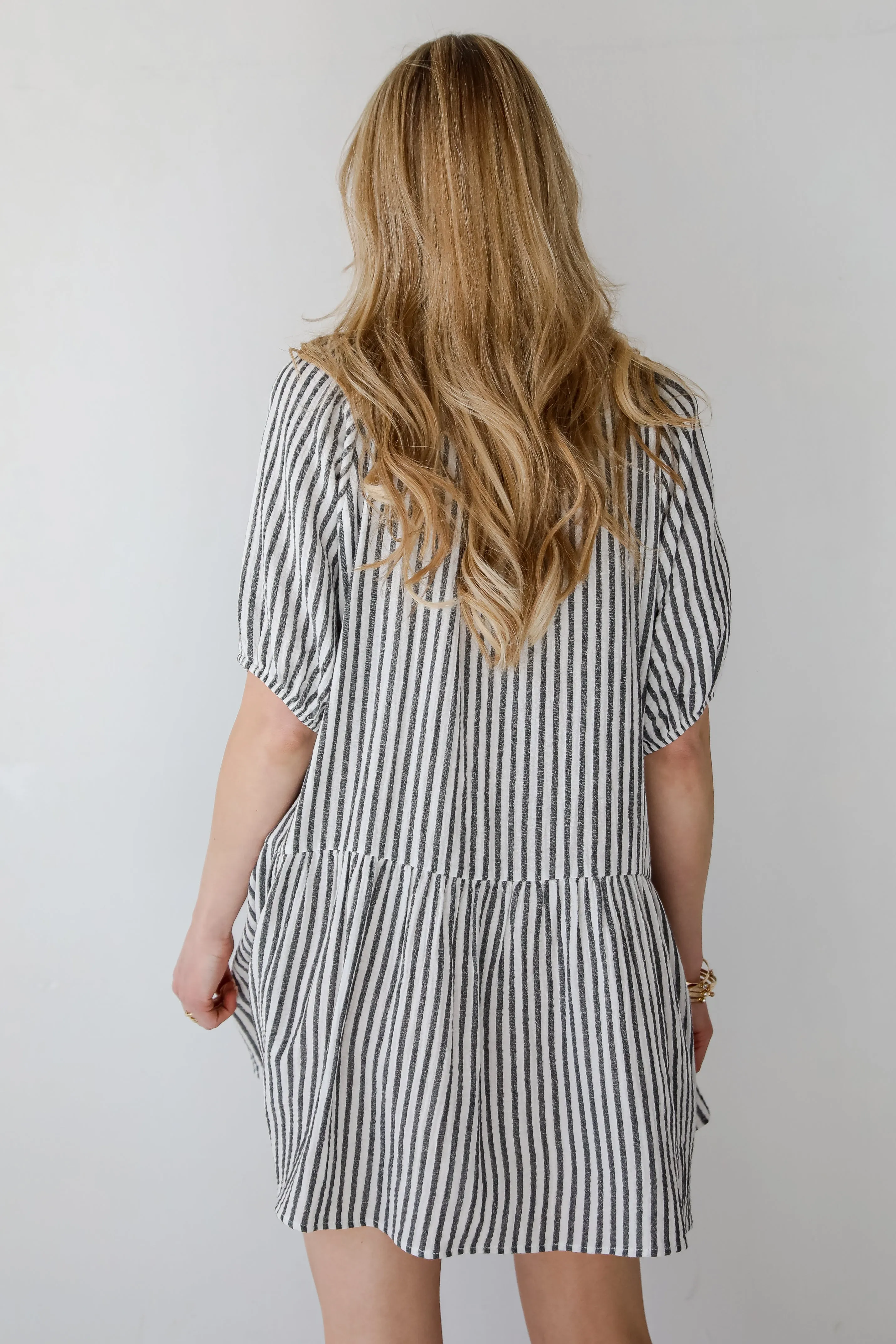 Covetable Vibe Charcoal Striped Linen Mini Dress
