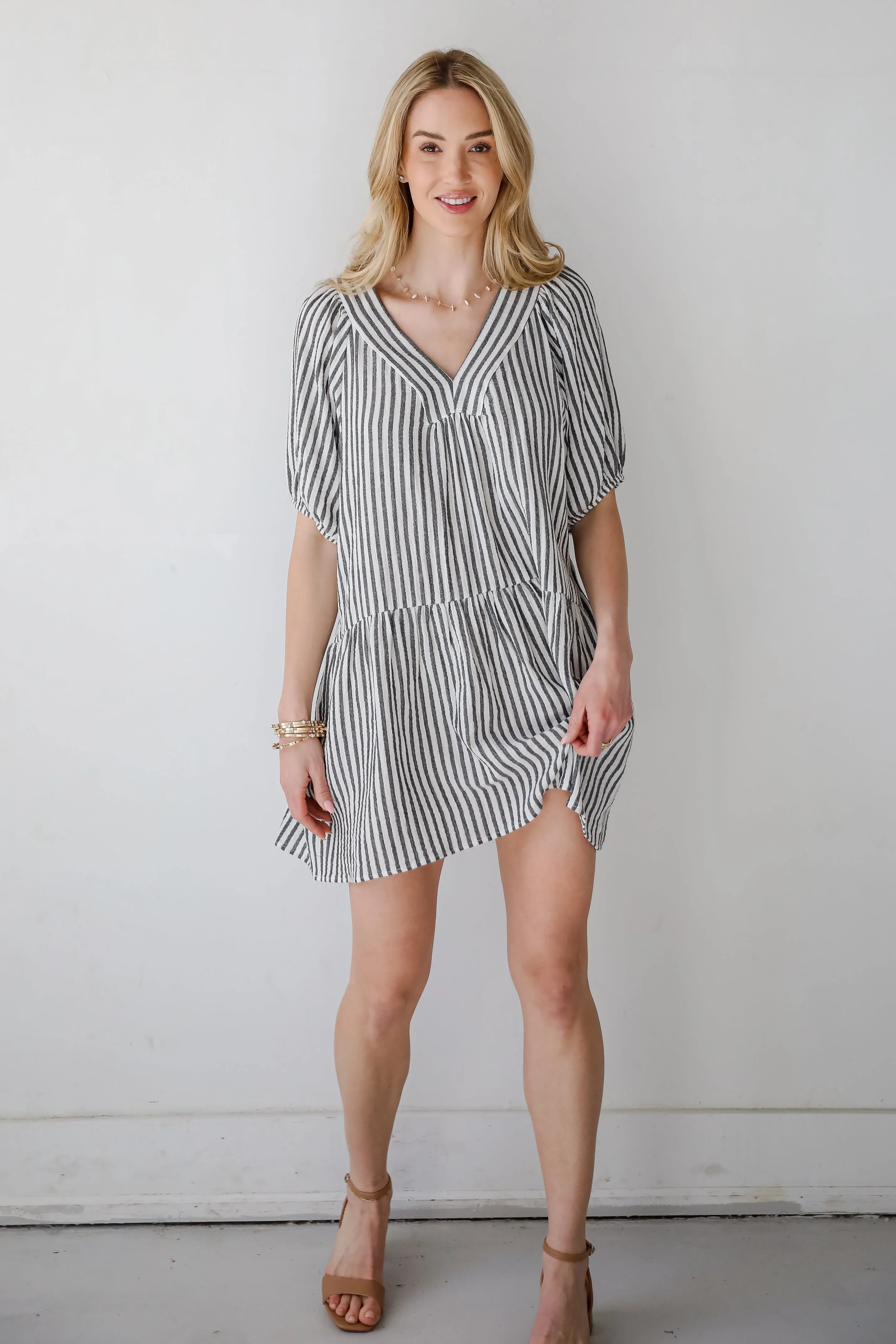 Covetable Vibe Charcoal Striped Linen Mini Dress