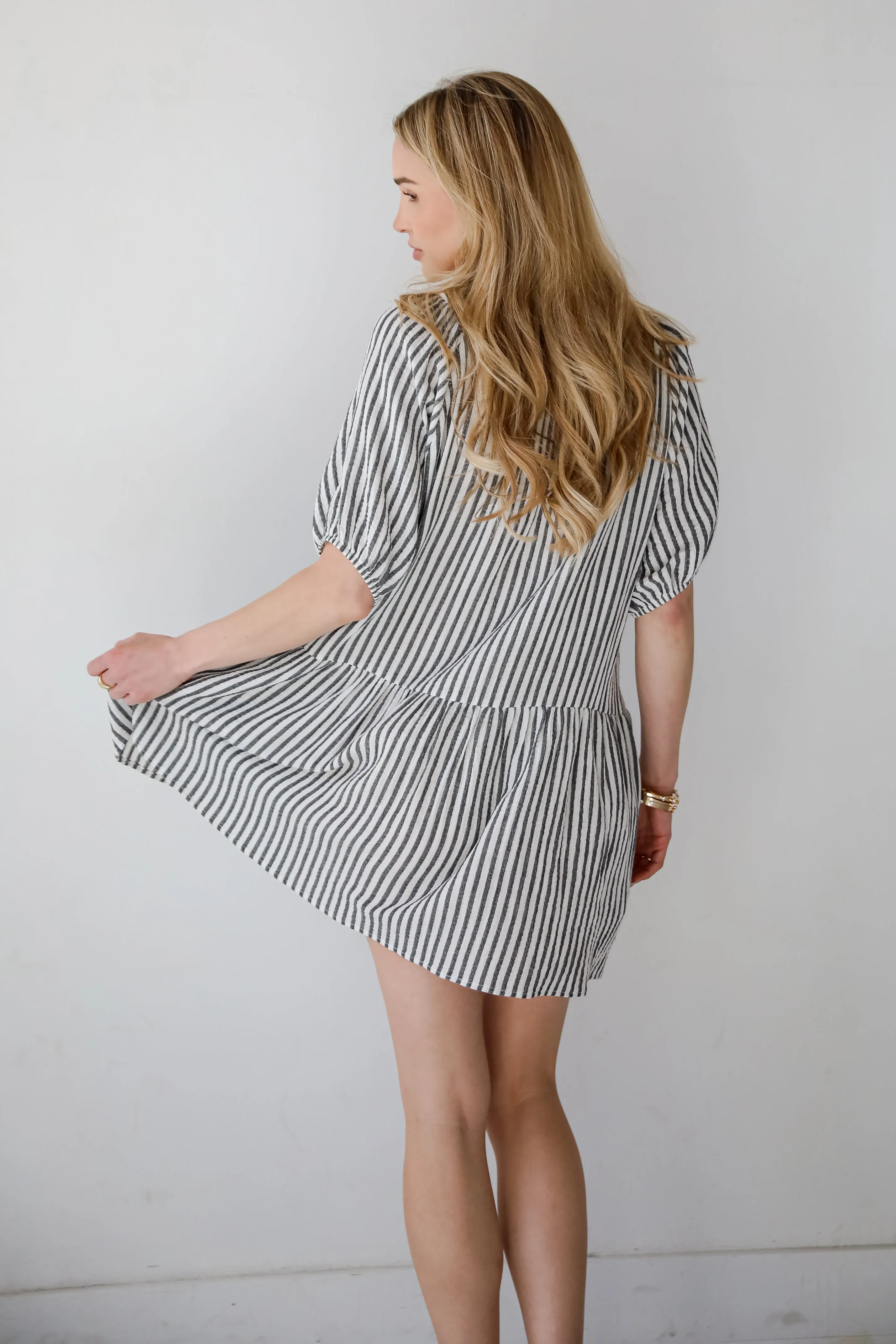 Covetable Vibe Charcoal Striped Linen Mini Dress