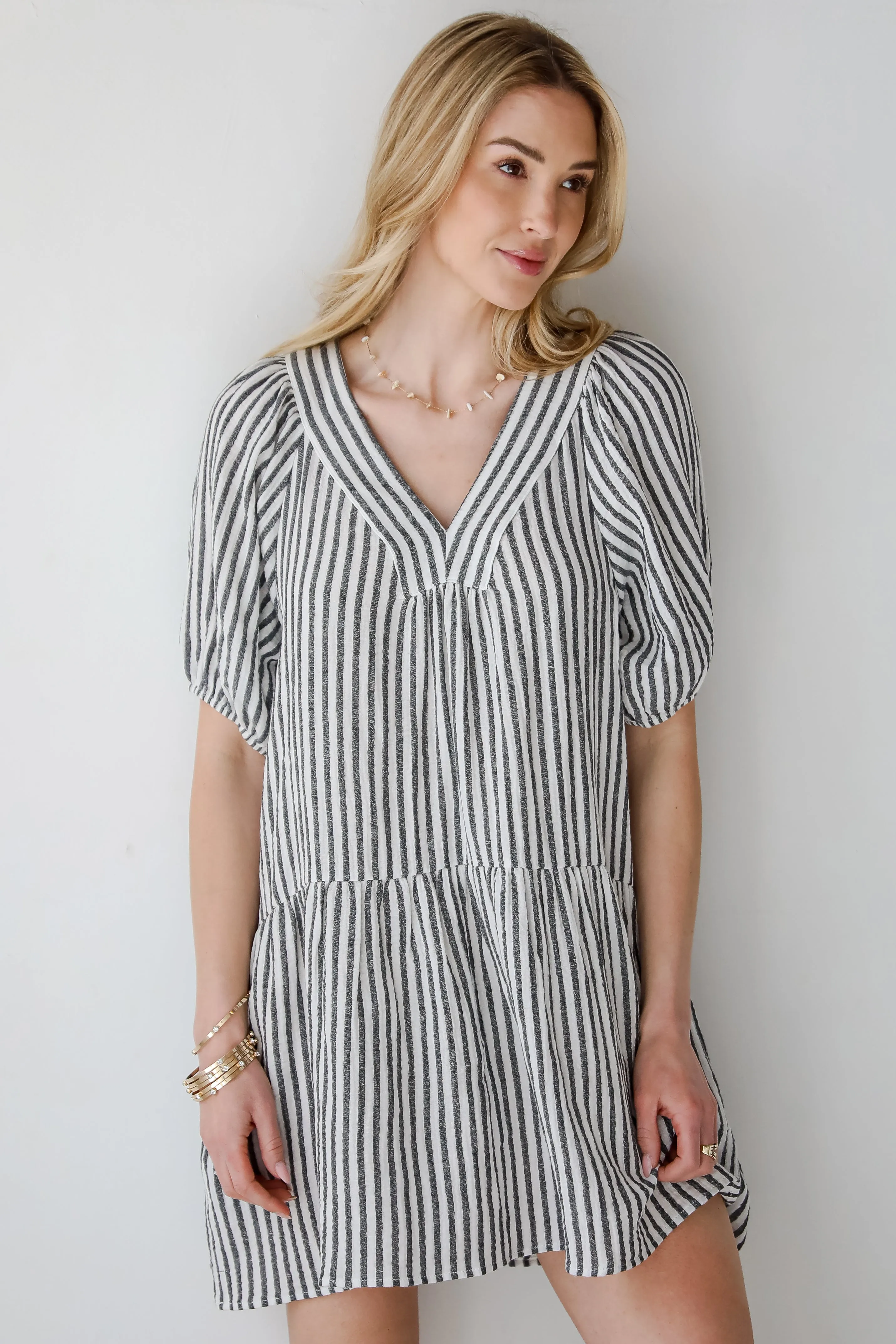 Covetable Vibe Charcoal Striped Linen Mini Dress