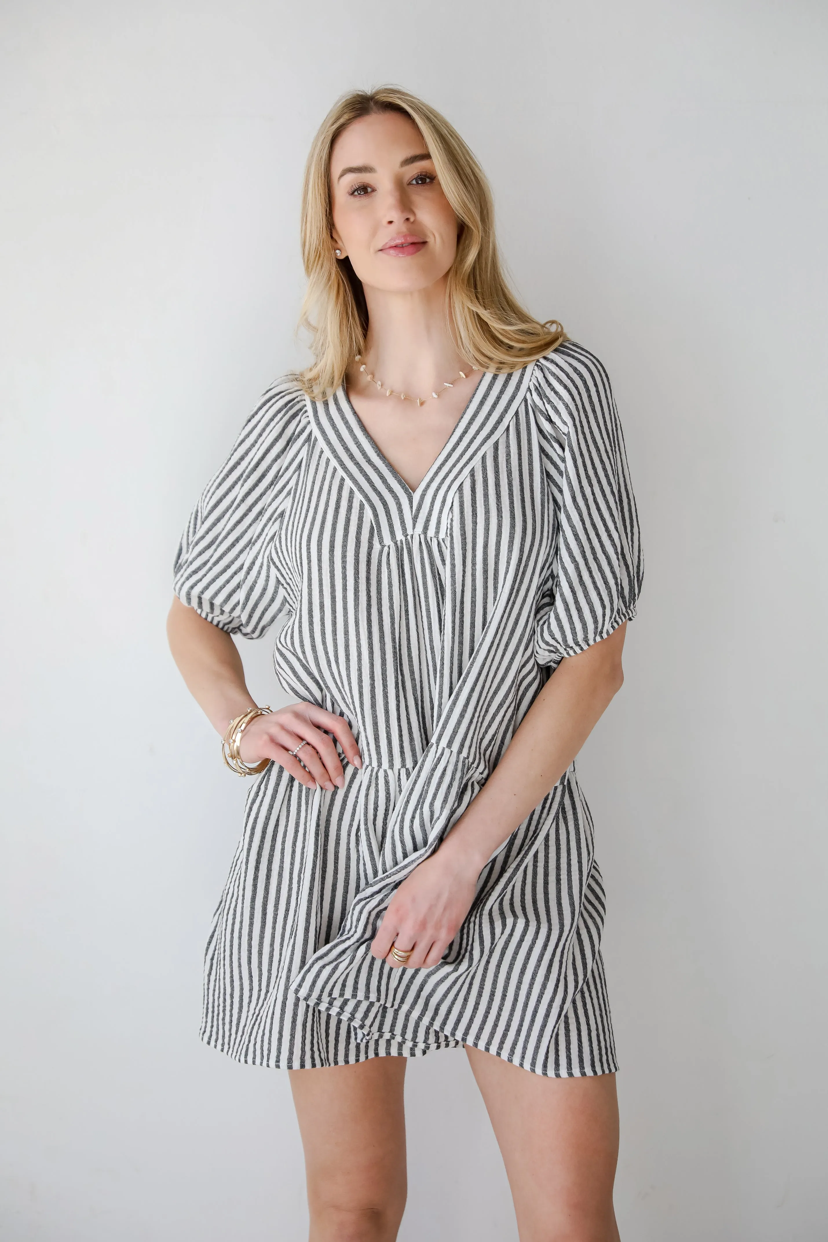 Covetable Vibe Charcoal Striped Linen Mini Dress
