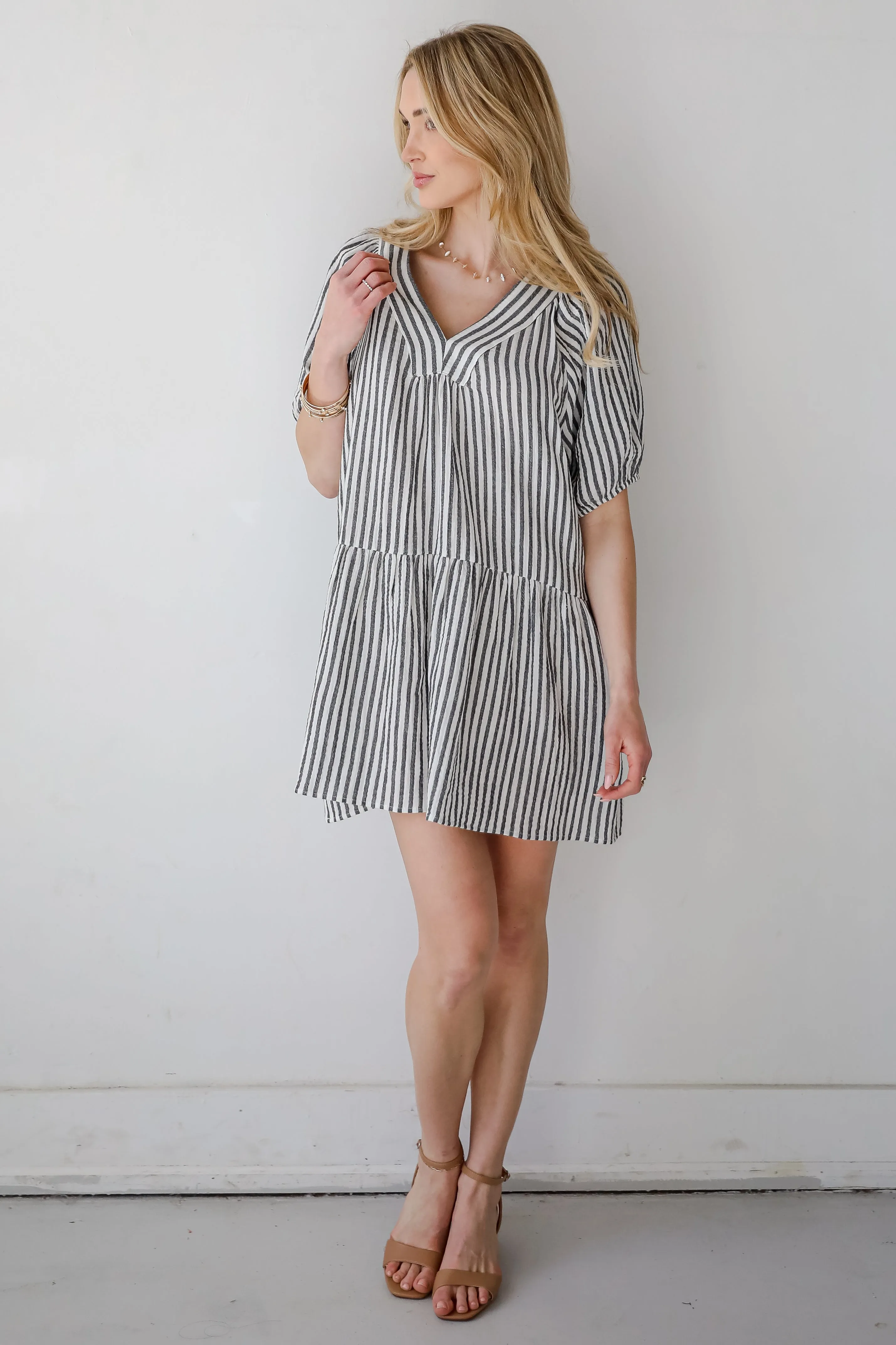 Covetable Vibe Charcoal Striped Linen Mini Dress
