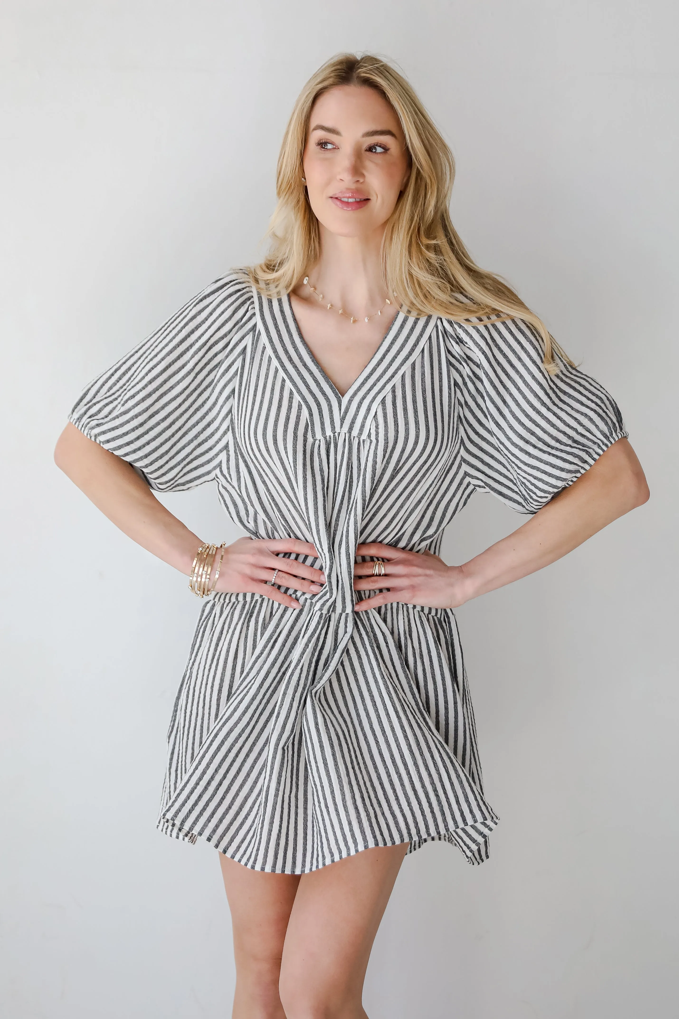Covetable Vibe Charcoal Striped Linen Mini Dress