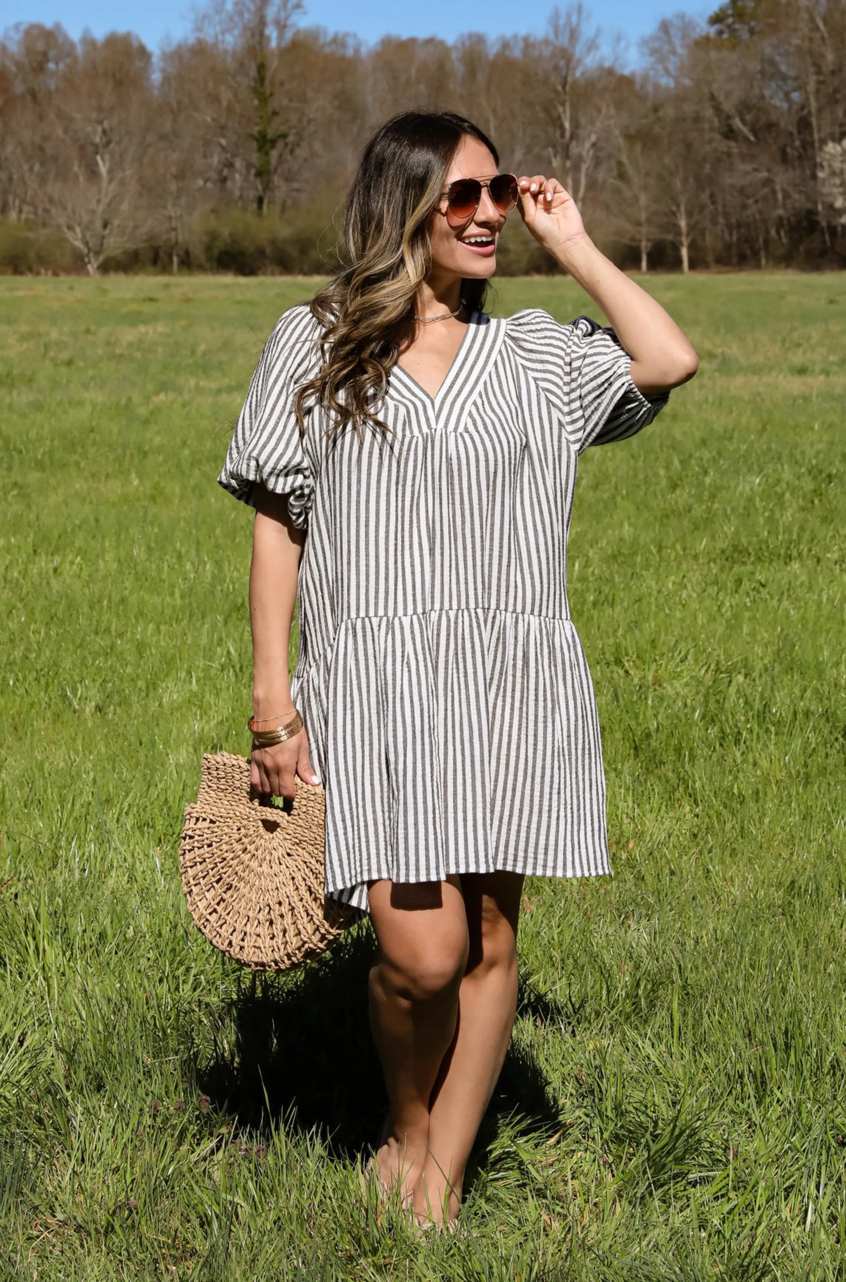 Covetable Vibe Charcoal Striped Linen Mini Dress