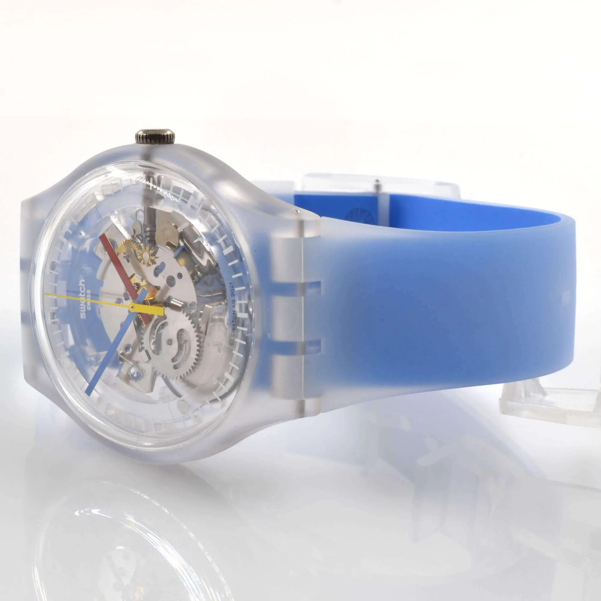 Swatch Unisex Watch - Monthly Drops Clearly Blue Striped Silicone Strap | SUOK156