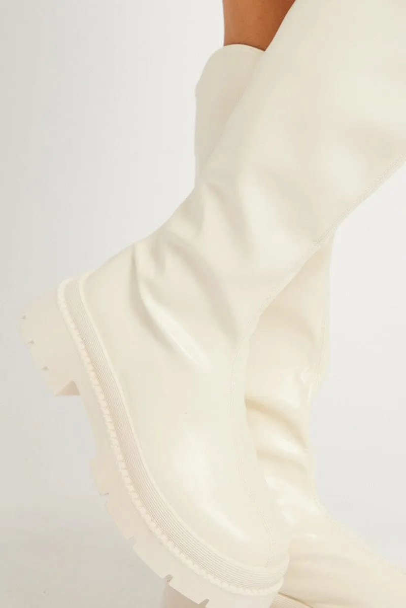 White Chunky Knee High Boots