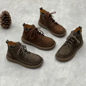 Women Winter Retro Leather Flat Furred Ankle Boots