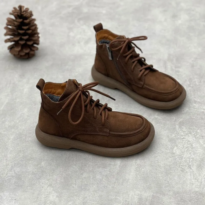 Women Winter Retro Leather Flat Furred Ankle Boots