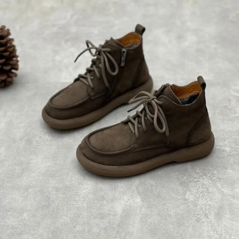 Women Winter Retro Leather Flat Furred Ankle Boots
