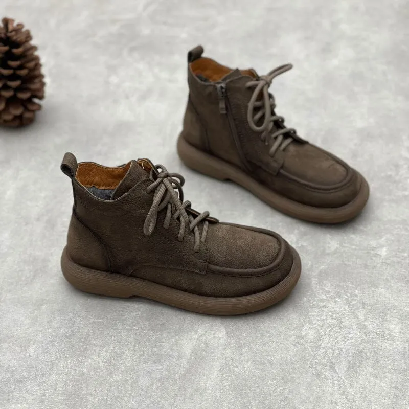 Women Winter Retro Leather Flat Furred Ankle Boots